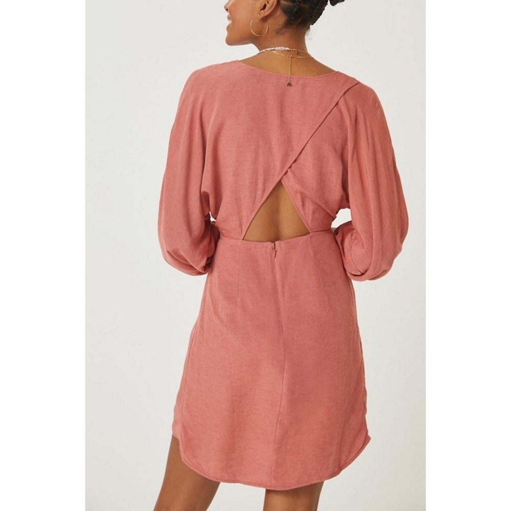 Anthropologie Tie-Front Wrap Mini Dress Size 8 Rust Viscose Linen 3/4 Sleeves - Picture 11 of 16